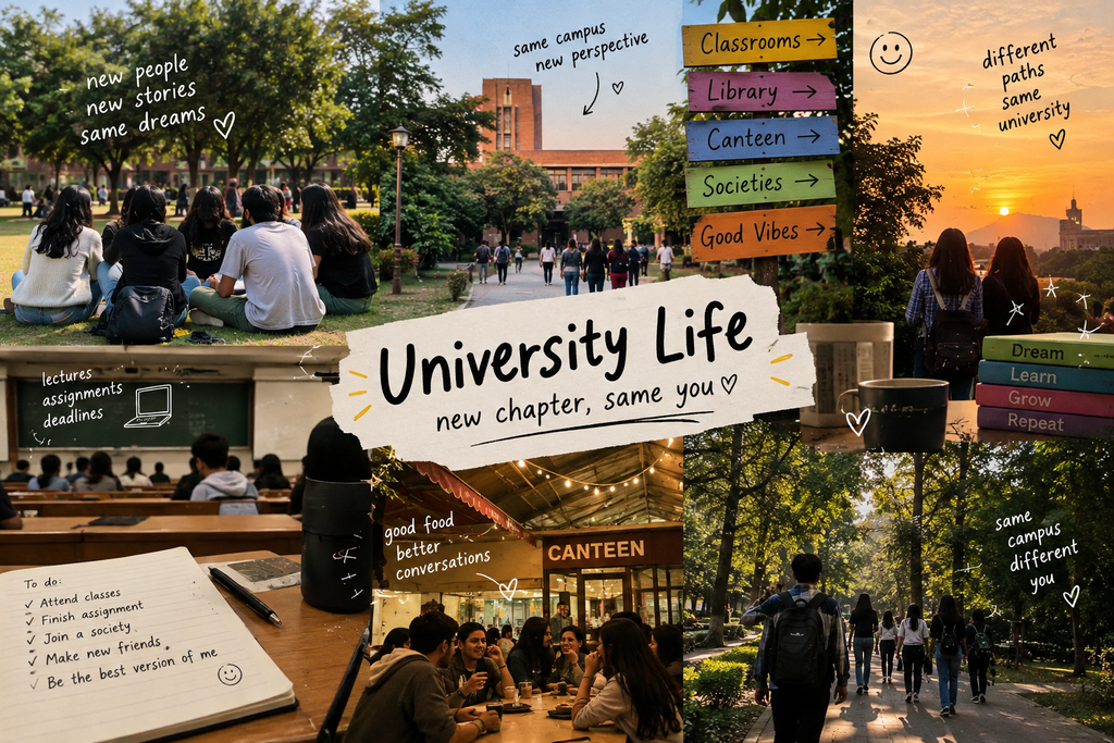 University life for freshers featuring campus, classrooms, friends, societies and canteen